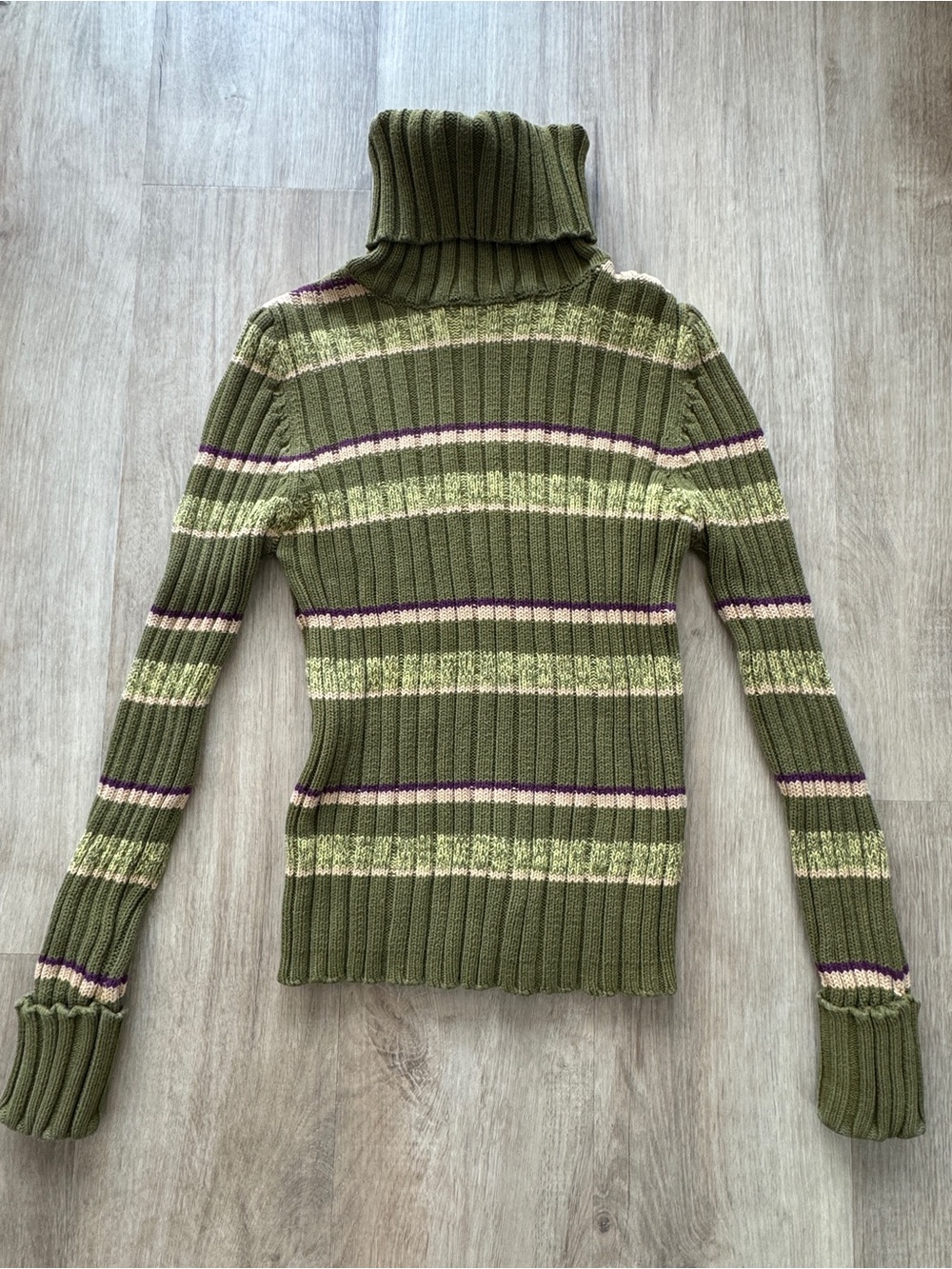 Vintage Rue 21 Green Ribbed Striped Turtleneck Sweater, Preppy, Y2K, Retro, Sz M